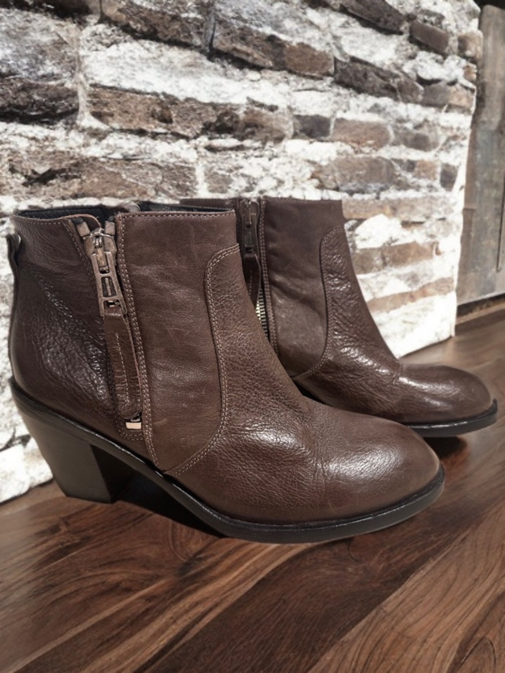 275 Central Brown Italian Leather Ankle Boots - Two-Side Zip Block Heel 40/9.5